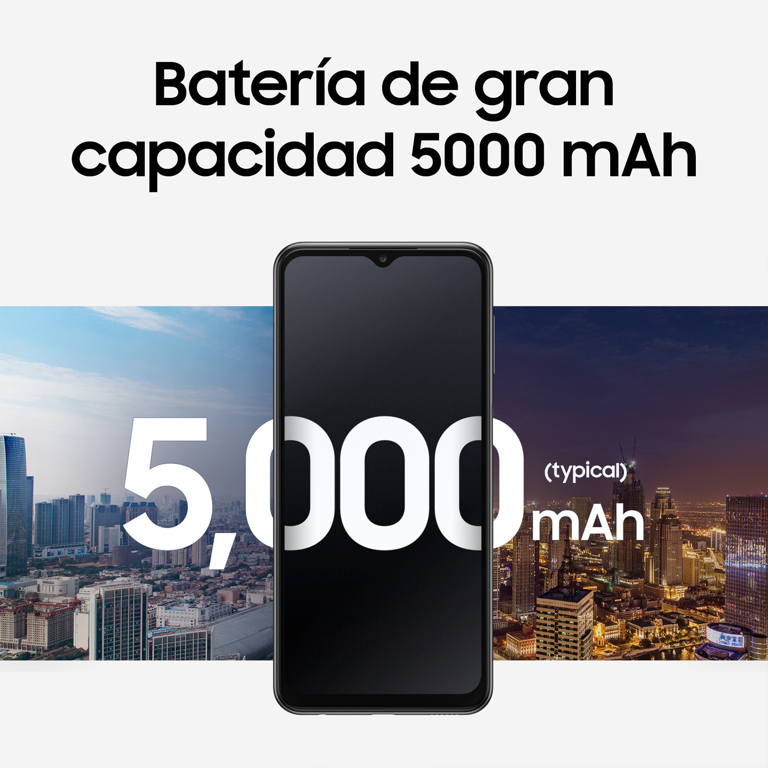 Smartphone con gran capacidad de batería, mostrado contra paisajes urbanos. Muestra 5.000 mAh (típico) en la pantalla.