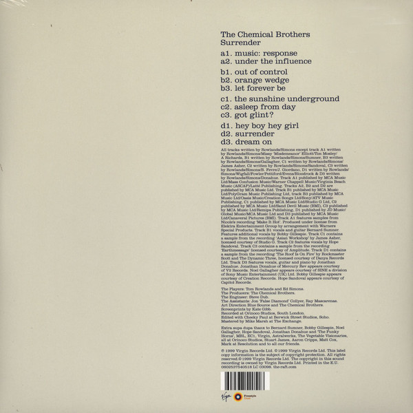 A The Chemical Brothers album borítójának hátulja, a számlistával és a közreműködőkkel.