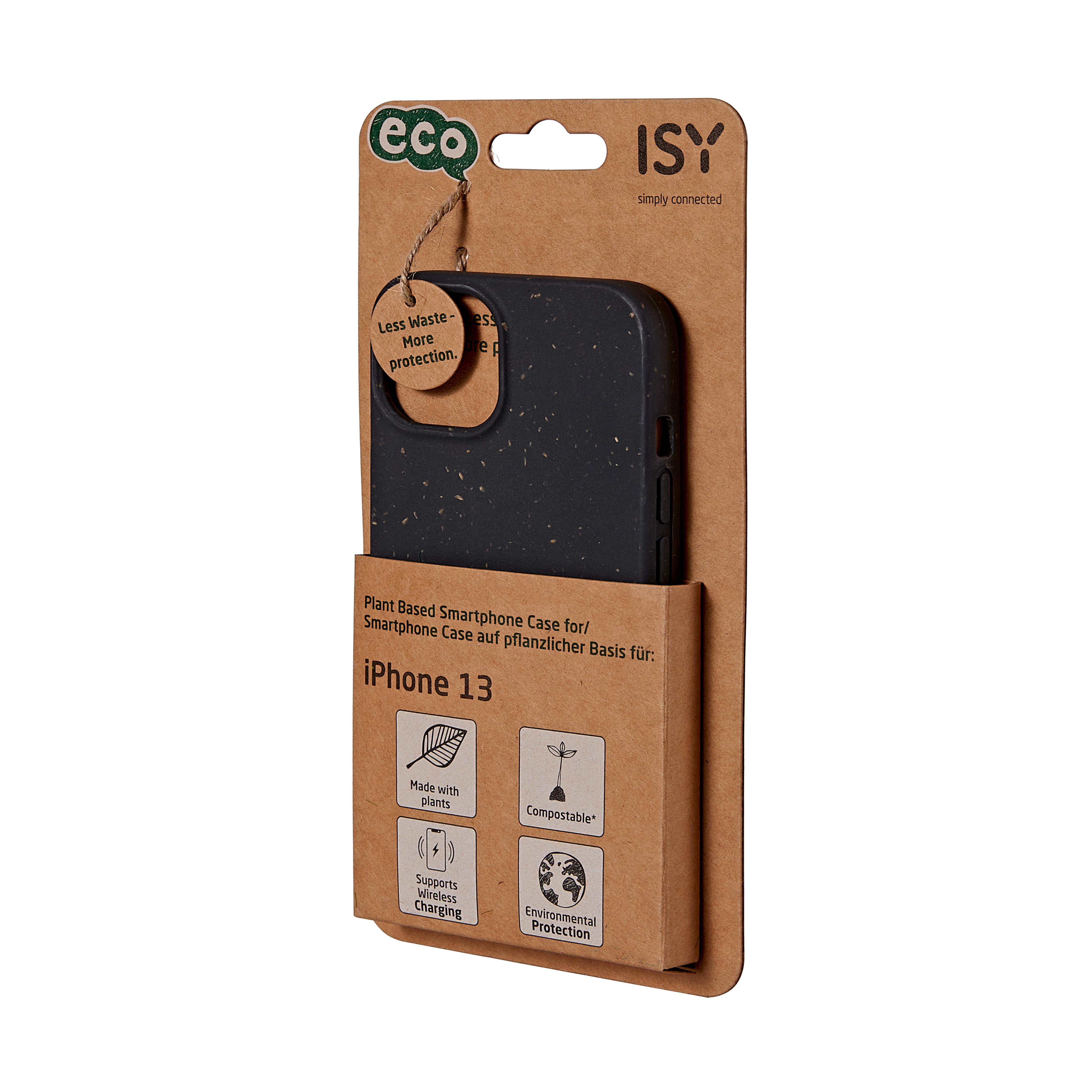 Eine Smartphone-Hülle in einer Pappverpackung, mit einer schwarzen Hülle und Umweltinformationen.