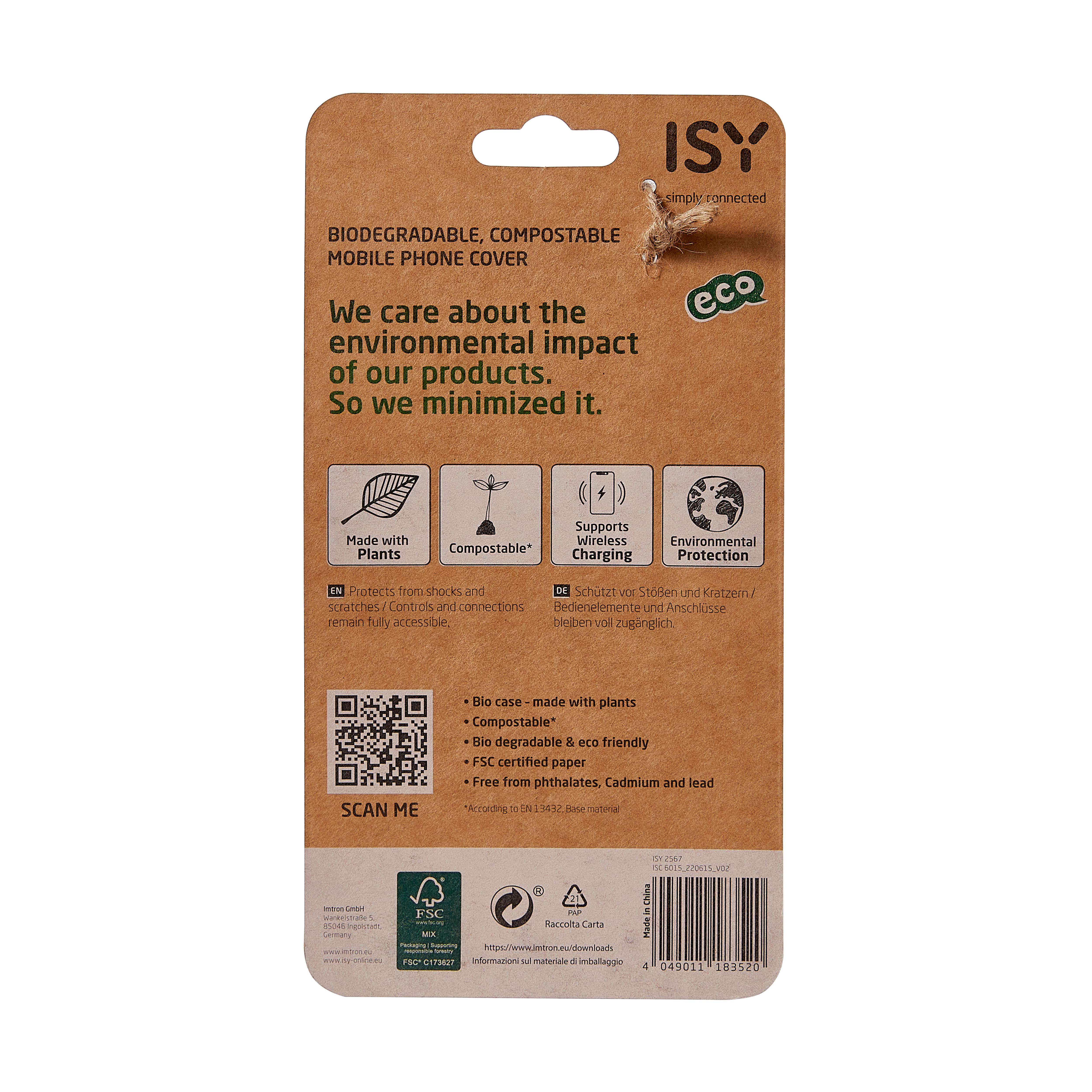 Eine braune ISY-Produktverpackung mit Text über die Umweltverträglichkeit und einem QR-Code.