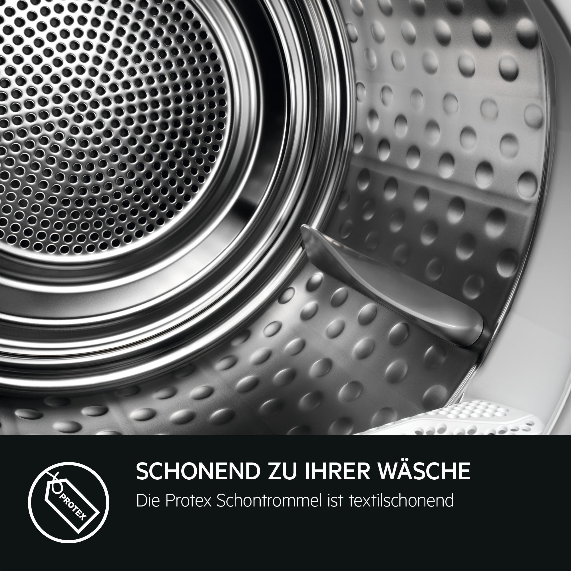 Nahaufnahme einer Waschmaschinentrommel. Perforierte Metalloberfläche. ProTex-Logo, Text über schonendes Waschen.