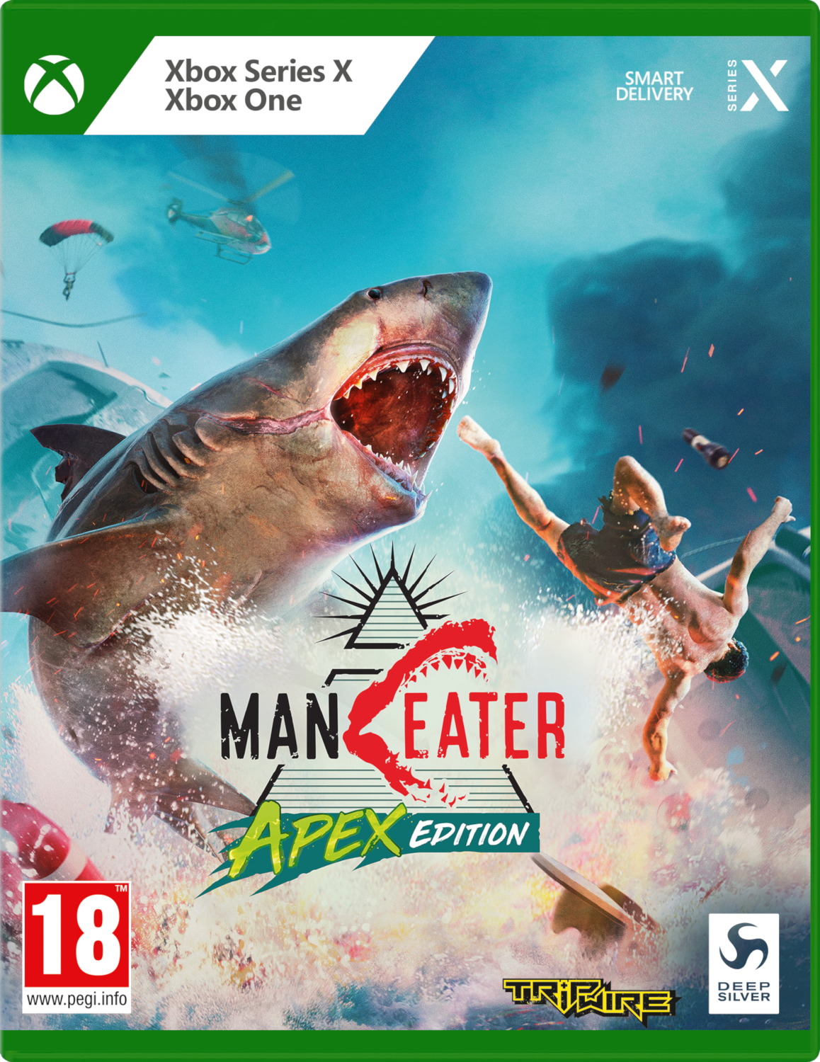 Jaquette du jeu vidéo Maneater: Apex Edition, avec un requin et un homme.