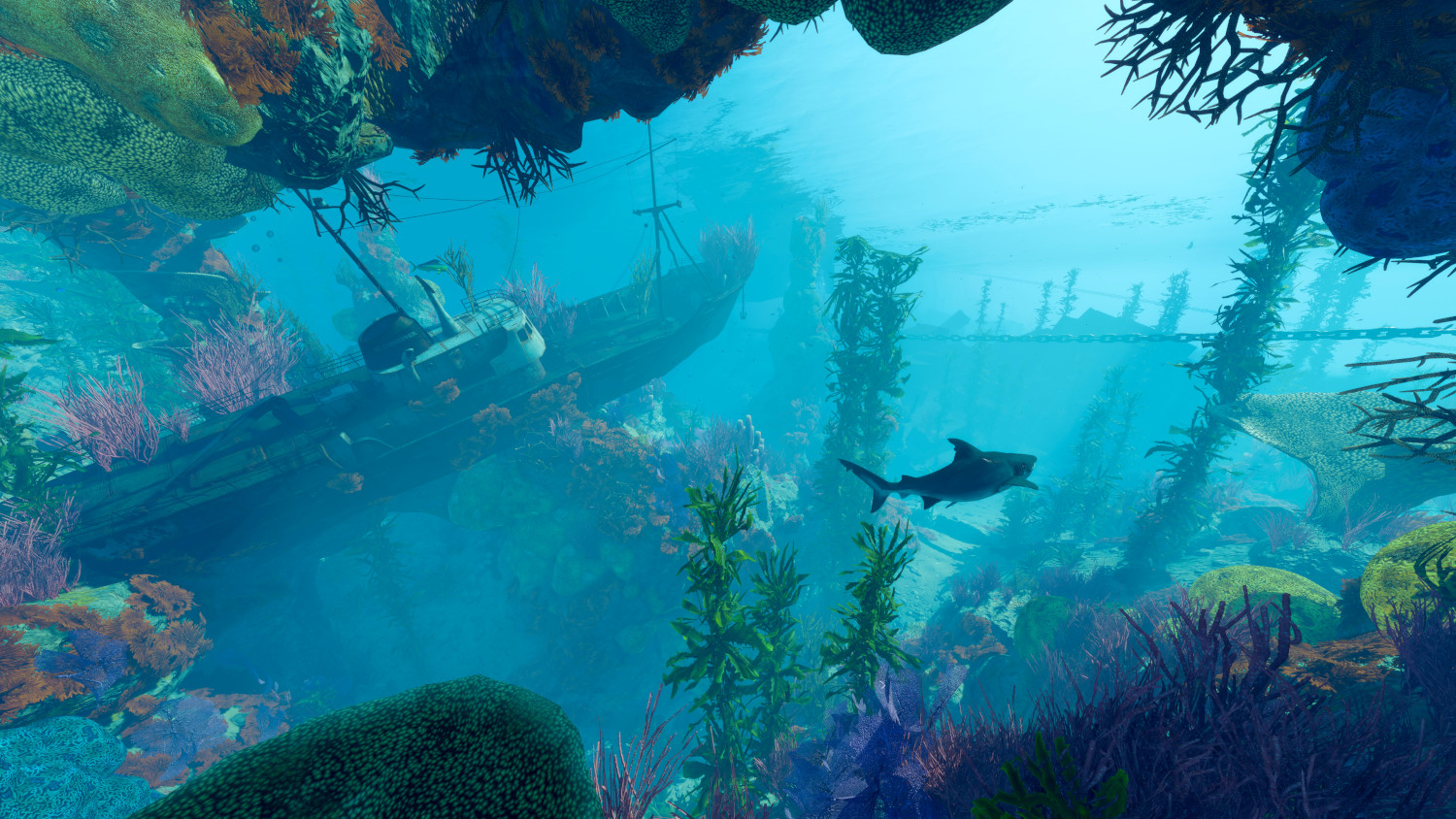Scène sous-marine : navire coulé et requin parmi coraux et plantes, dans l'eau bleue.