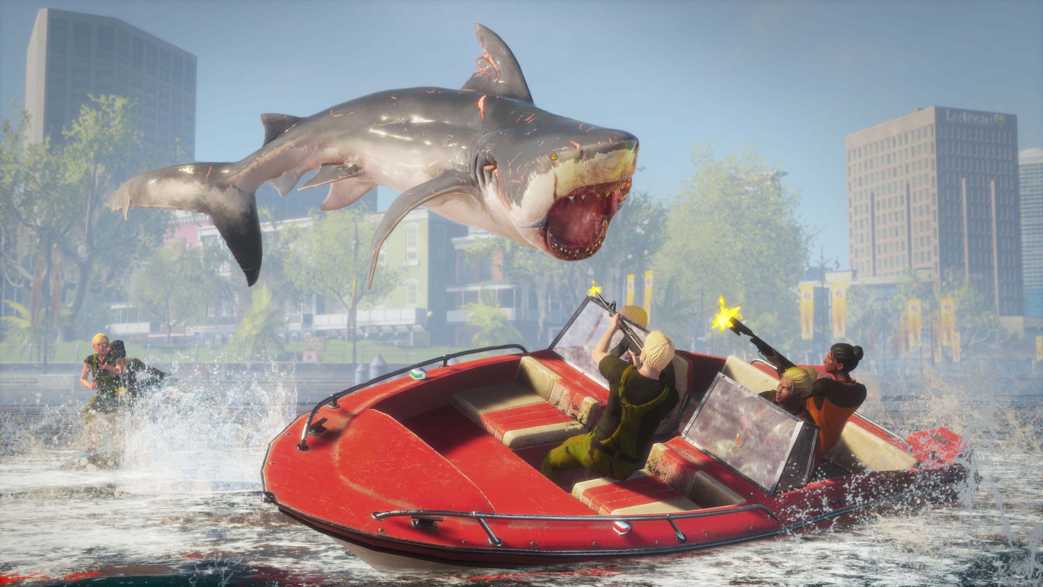 Un requin saute hors de l'eau, sur le point d'attaquer des gens dans un bateau rouge. Immeubles en arrière-plan.