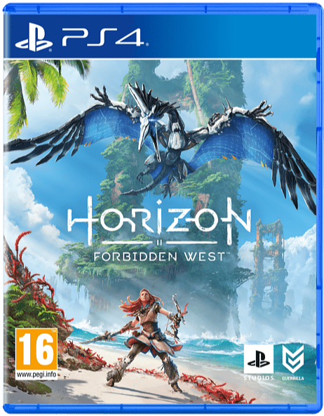 PS4-Spielbox für 'Horizon II: Forbidden West'. Zeigt eine Kriegerin mit Bogen und eine fliegende Kreatur.