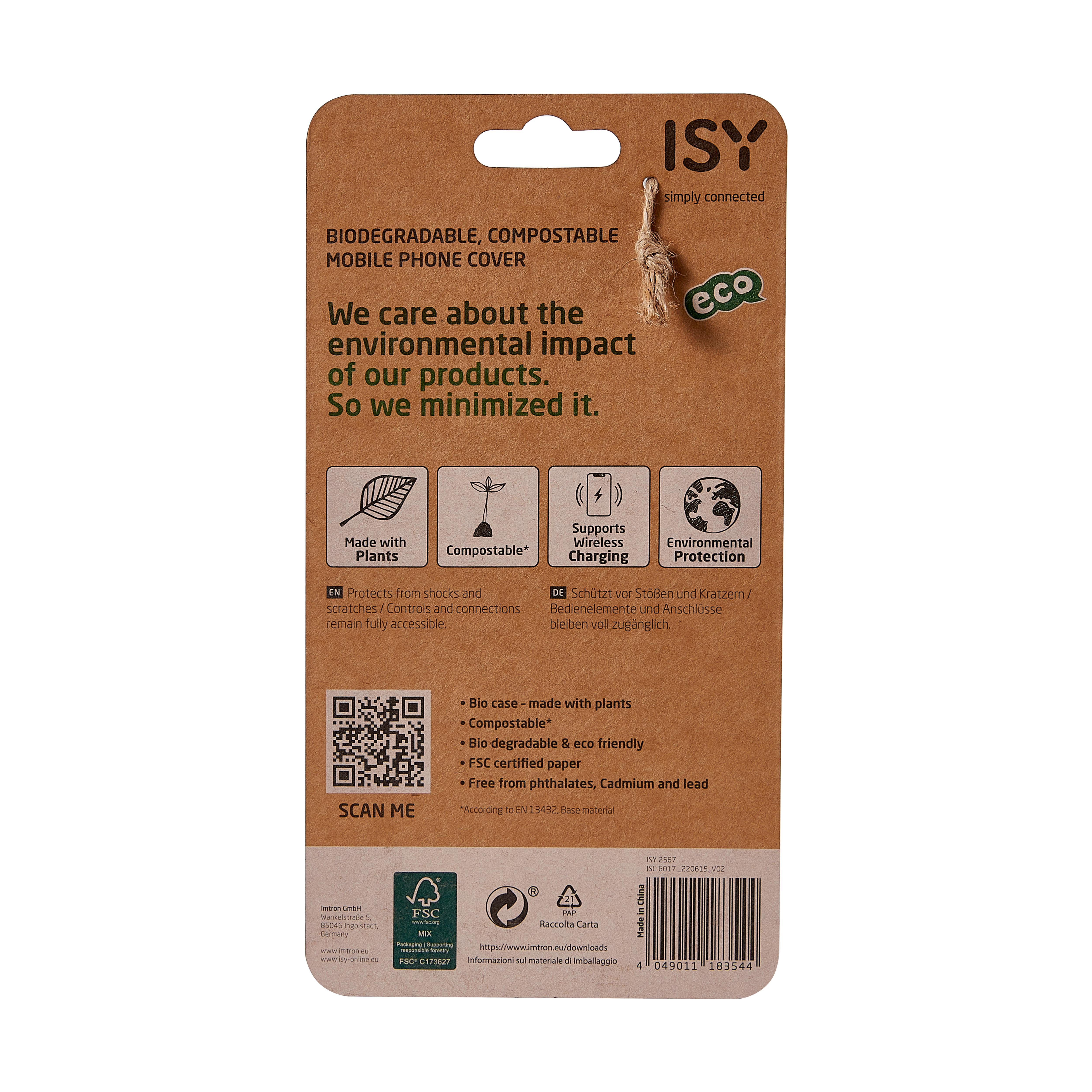 Umweltfreundliche Handyhüllen-Verpackung mit Text und Icons über das Produkt.