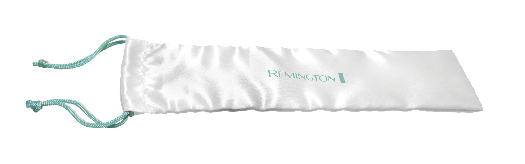 Weiße Satin-Remington-Tasche mit grünem Kordelzug und teal-farbenem Remington-Logo.