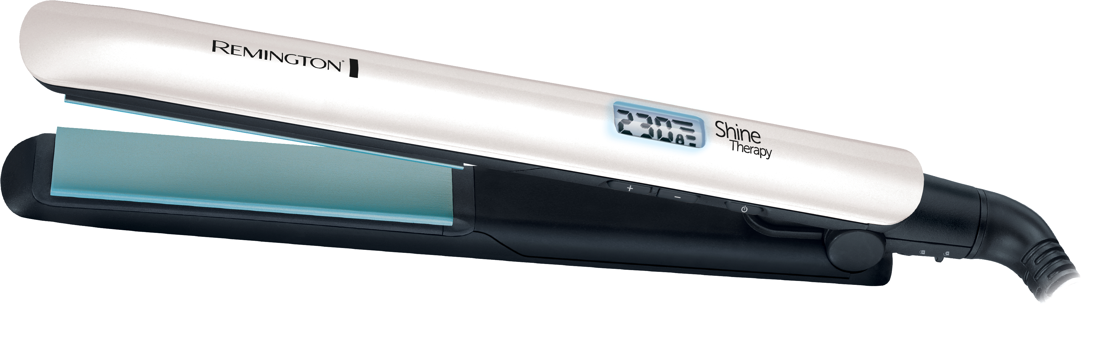 Weiß-schwarzer Remington Shine Therapy Haarglätter mit digitaler Temperaturanzeige.