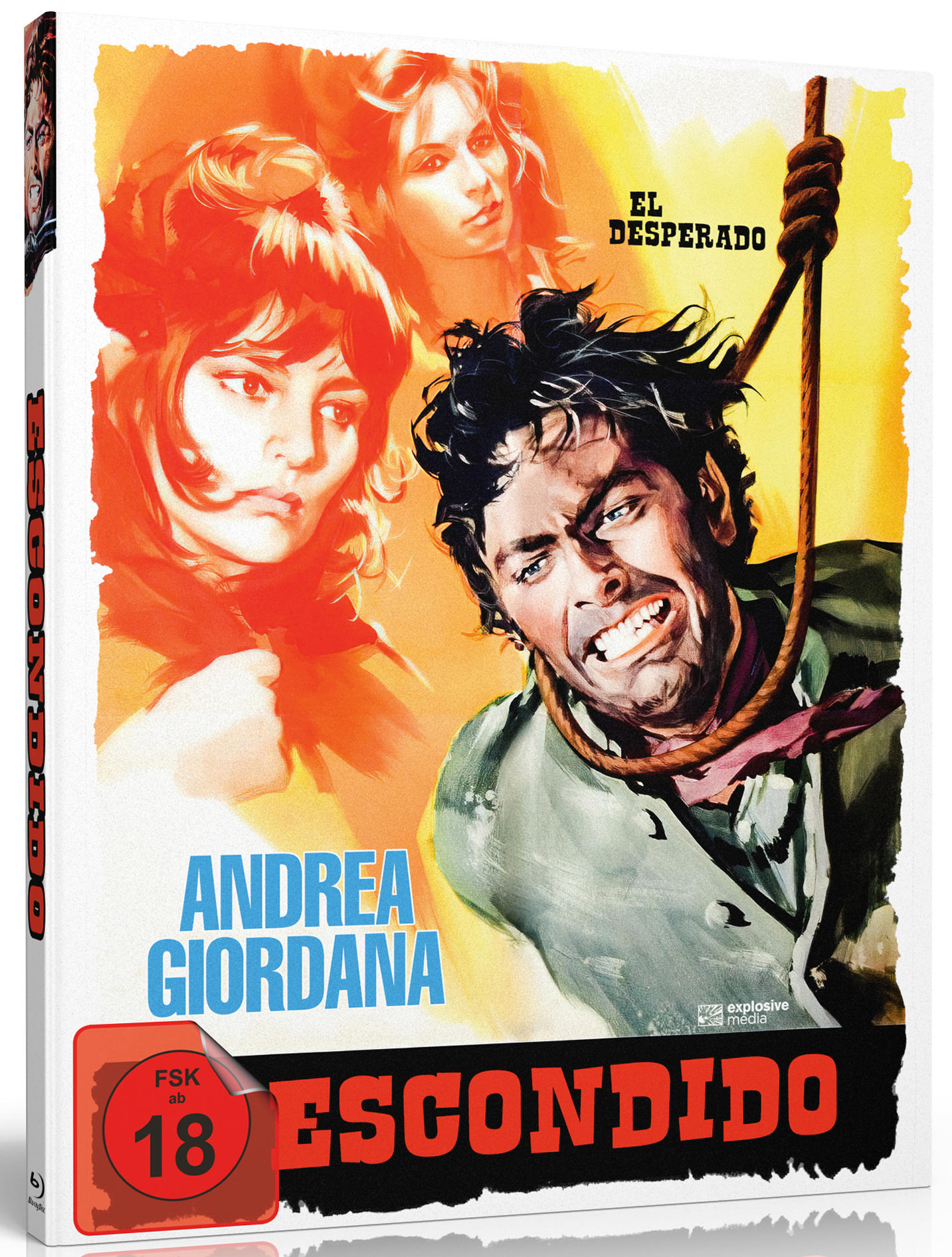 Filmcover mit dramatischem Mann, zwei Frauen und einem Seil, mit dem Titel 'Escondido'.