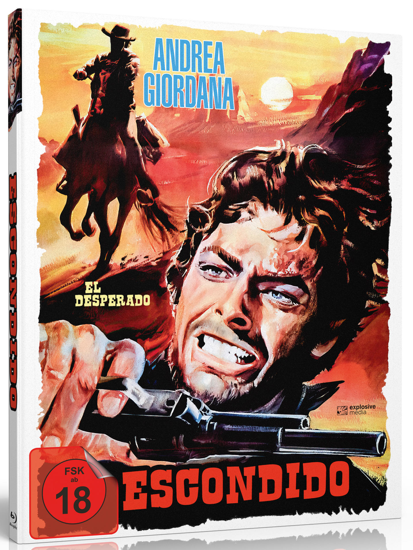 Filmposter für 'Escondido' mit einem Mann mit einer Waffe und einem Cowboy auf dem Pferd.