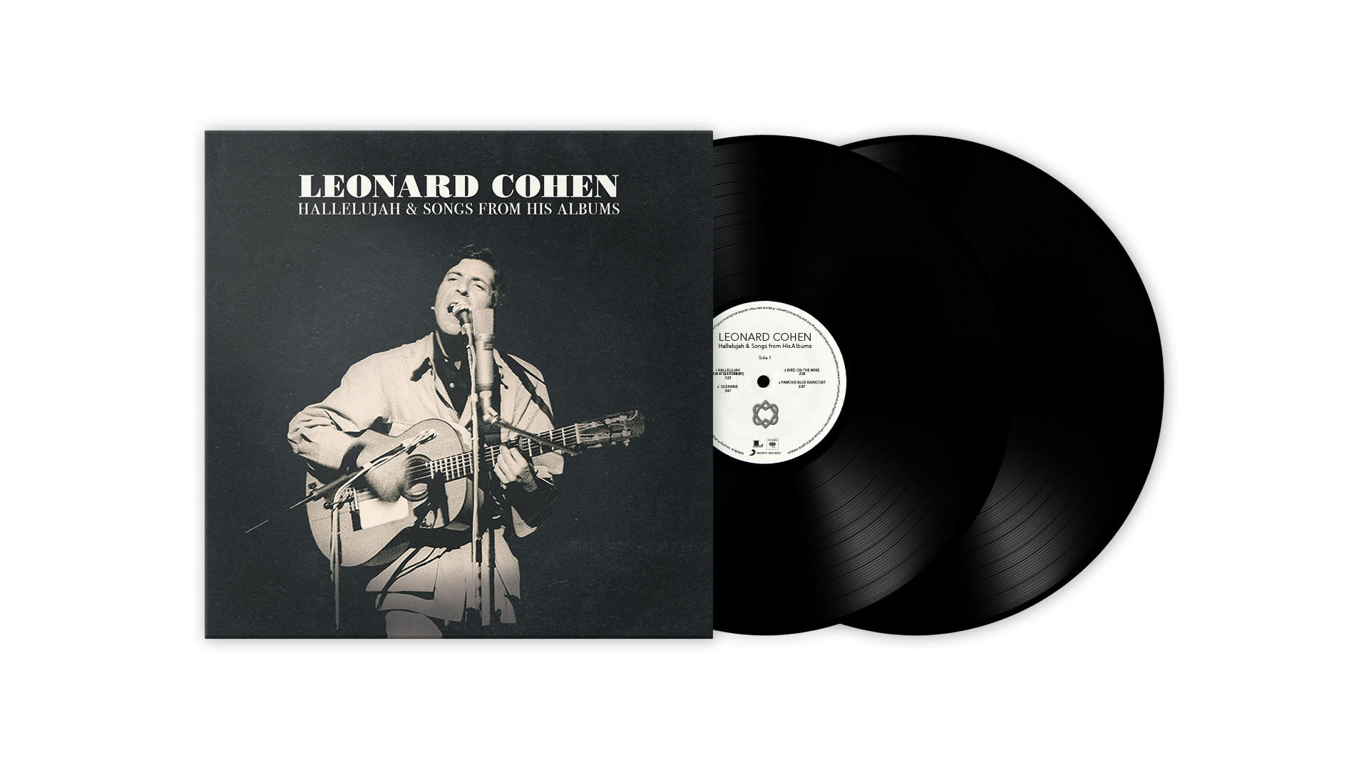 Leonard Cohen album borítója énekes gitárral, két fekete bakelit lemez mellett.