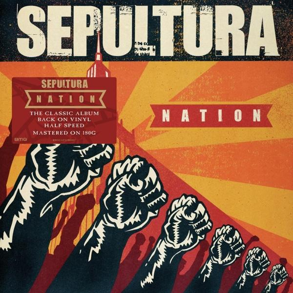 A Sepultura 'Nation' című albumának borítója. Ököl a levegőben, az album címe piros vinyl matricával.