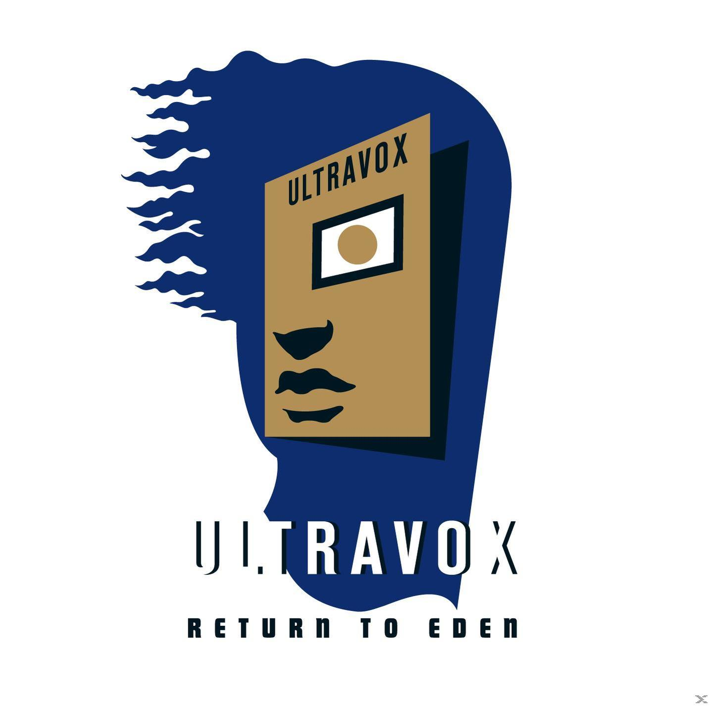 Album borító stilizált arccal, könyvvel és az ULTRAVOX szóval kék és arany színben.
