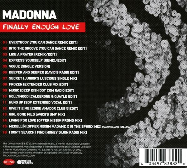 Album borító: Madonna 'Finally Enough Love' számlista. Fehér szöveg fekete háttéren, csillogó dizájnnal.