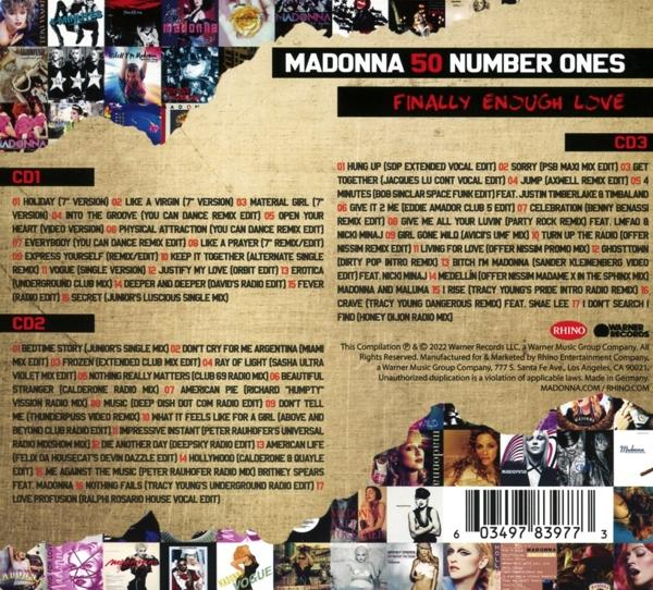 Madonna Albumcover mit einer Collage von Bildern, CD-Details und Text.