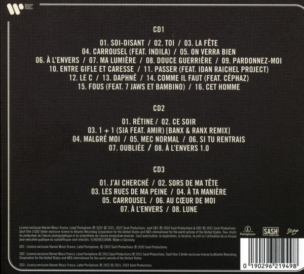 Album-Titelverzeichnis auf schwarzem Hintergrund. Verschiedene Titel sind für drei CDs aufgeführt.