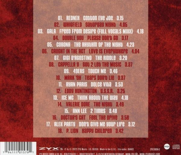 Album-Trackliste in Rot, mit Songtiteln und Künstlern auf rotem Hintergrund. ZYX Music-Logo unten.