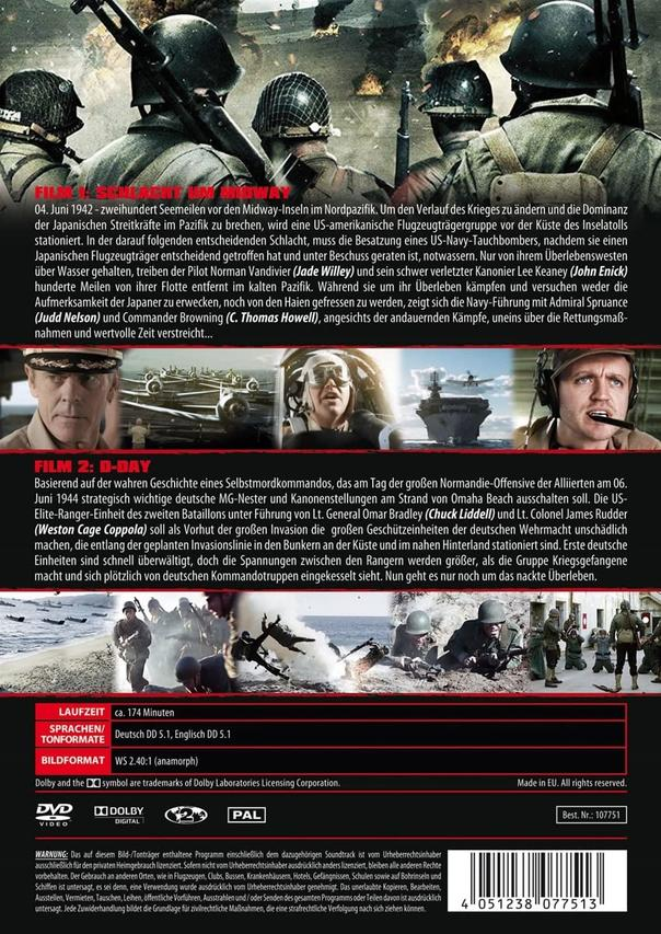 DVD-Hülle mit einer Szene aus dem Zweiten Weltkrieg, Soldaten und Text in mehreren Sprachen.