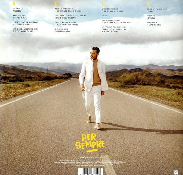 Albumcover mit einem Mann, der auf einer Straße geht, Titelliste links und Landschaft.