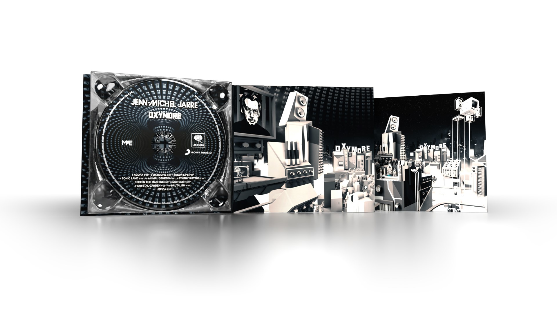 CD-Cover mit schwarz-weißem, abstraktem Stadtbild und einem Männerporträt.