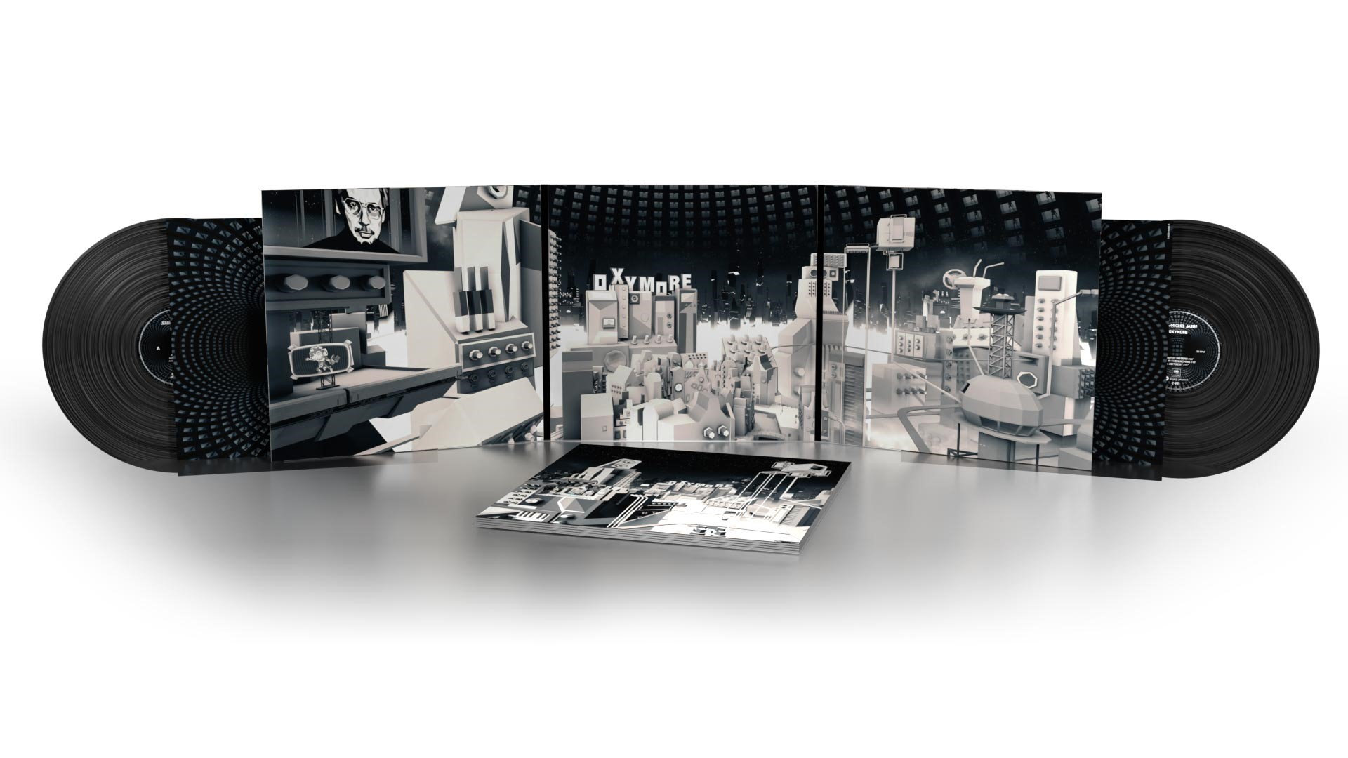 Vinylplatten-Set mit Albumcover, das eine futuristische Art-déco-Kulisse zeigt.