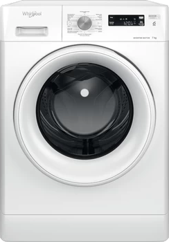 Witte wasmachine met zwarte deur. Heeft knoppen en scherm bovenop. Whirlpool logo.