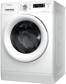 Een witte wasmachine met een ronde deur. Het bedieningspaneel en het Whirlpool-logo zijn zichtbaar.