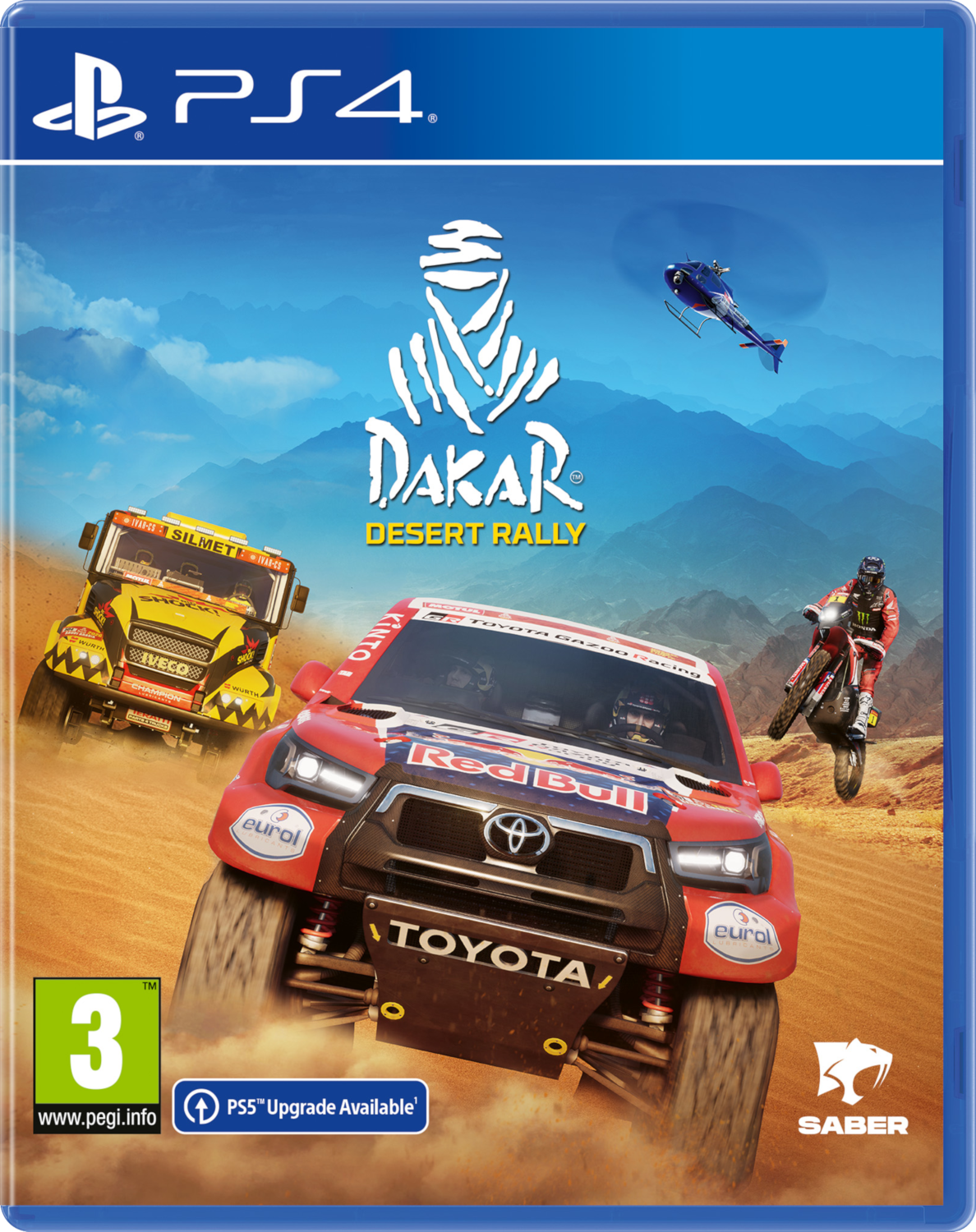PS4-gamecover met rallyauto's, een helikopter en een motor op een woestijnparcours.