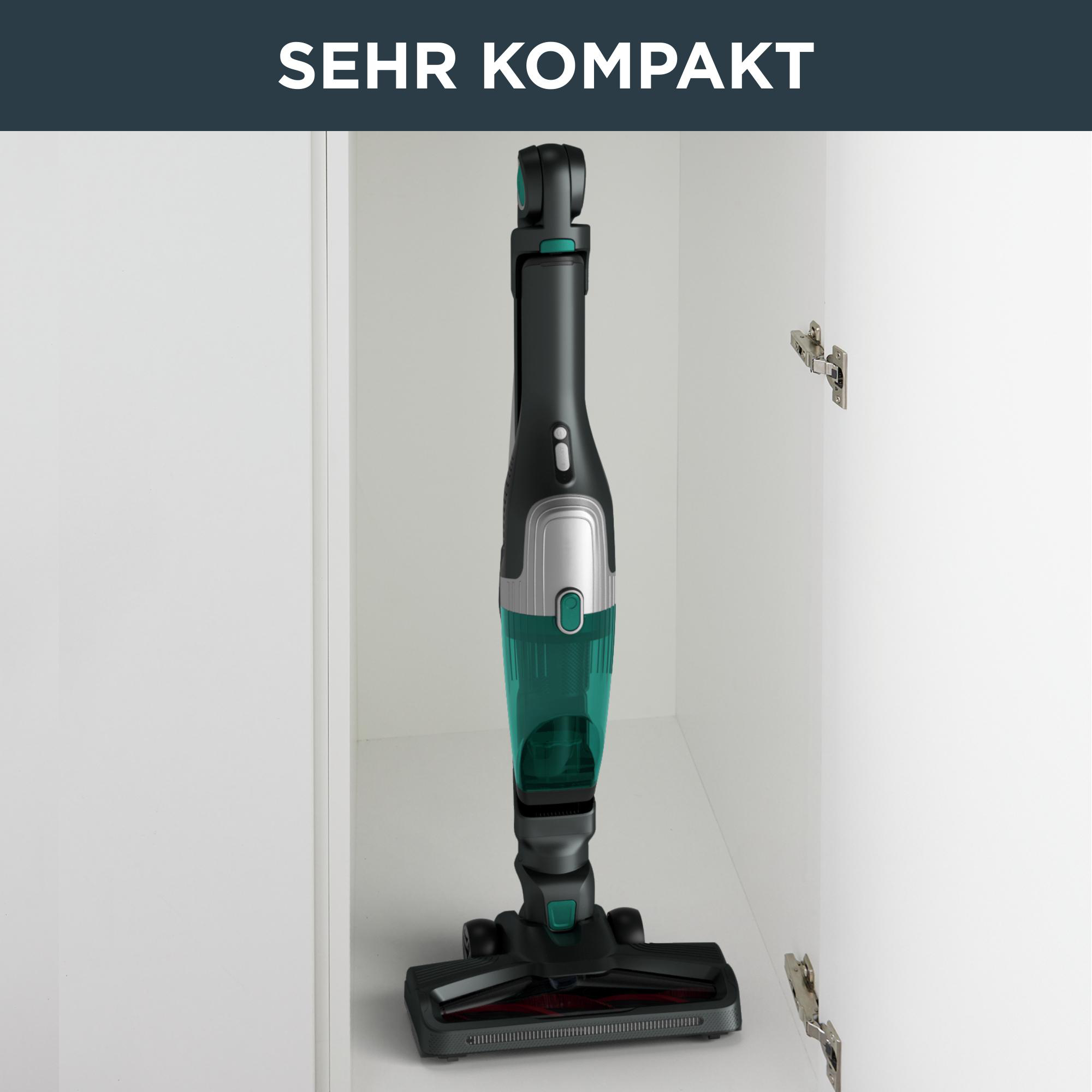 Ein Staubsauger in einem weißen Schrank, mit dem Text 'sehr kompakt'.