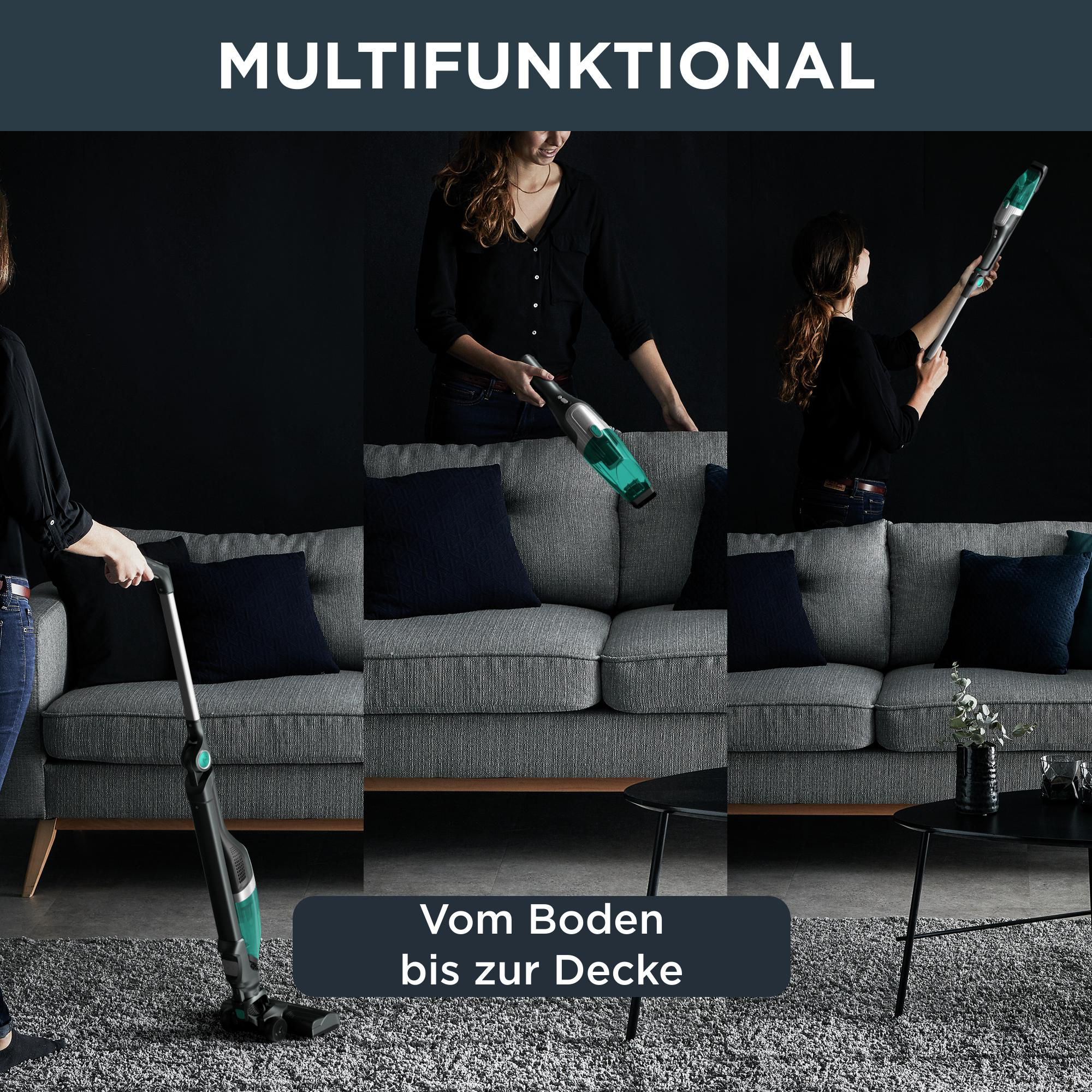 Frau nutzt Staubsauger, Text: multifunktional, vor Heimeinrichtung.