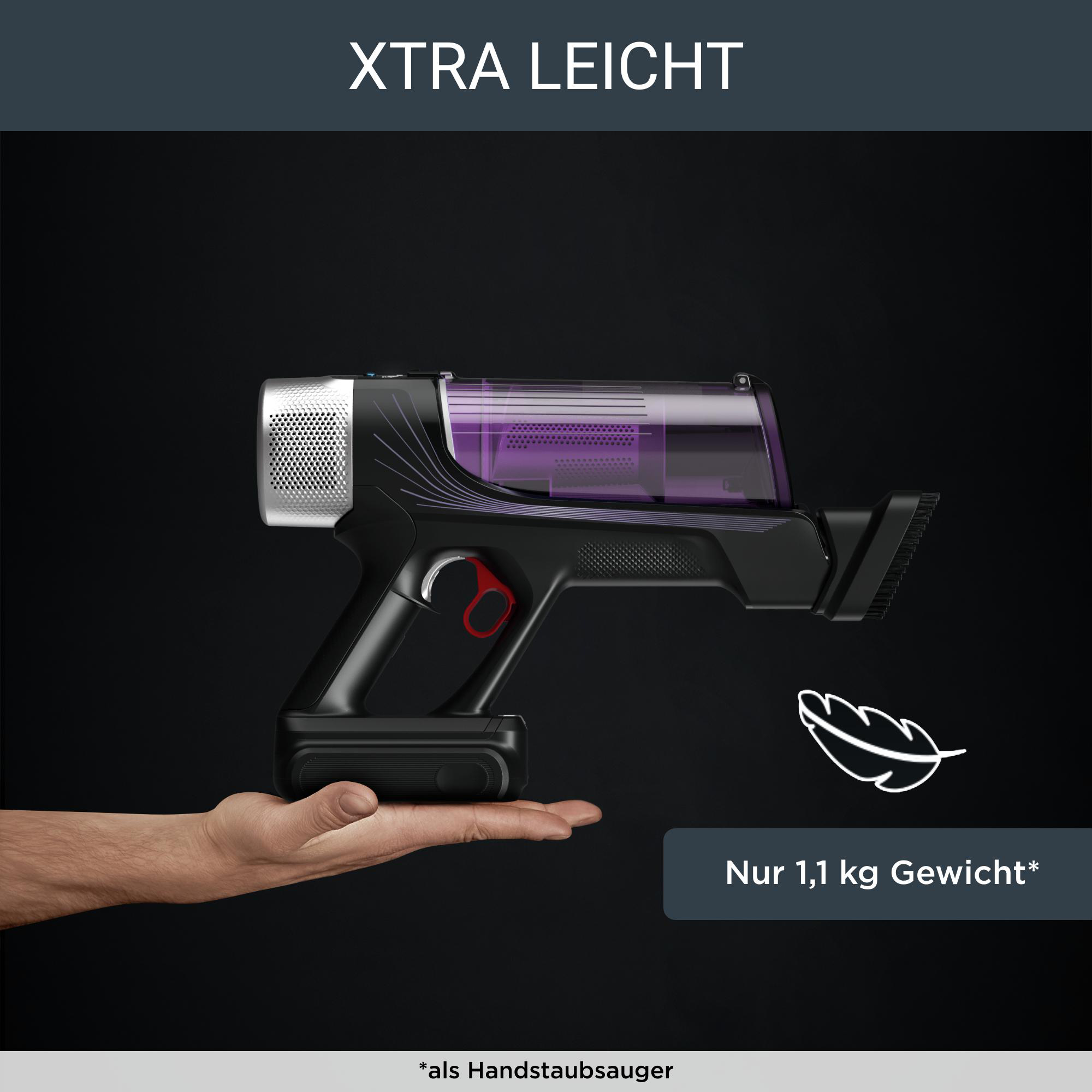 Schwarz-violetter kabelloser Staubsauger, gehalten von einer Hand. Text: Xtra Leicht.