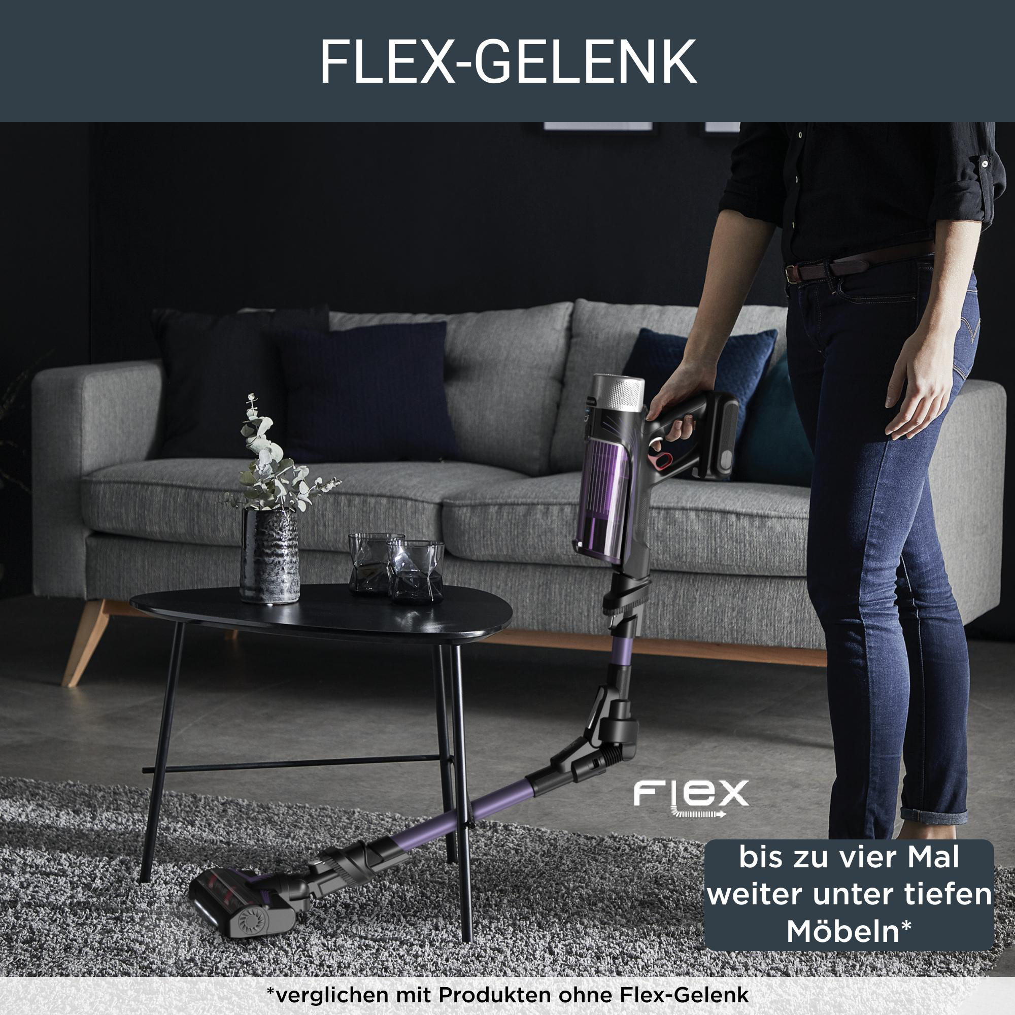 Frau benutzt Staubsauger, Text: Flex-Gelenk, vor Heimeinrichtung.
