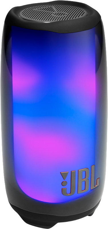 Ein schwarzer Lautsprecher mit lebendigen, farbenfrohen Lichtern, die von oben emittiert werden.