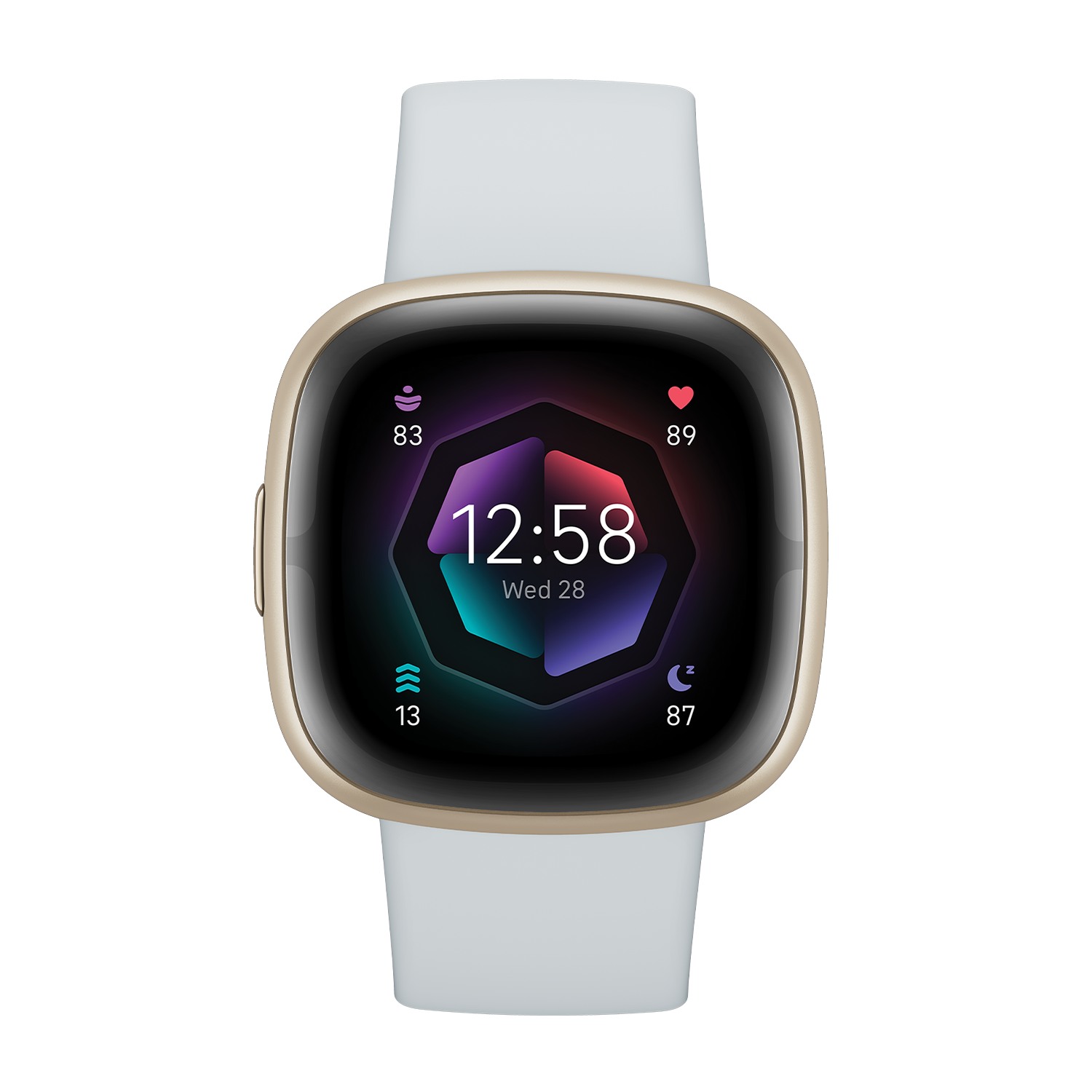 Goudkleurige smartwatch met zwart scherm met tijd en statistieken, witte band.