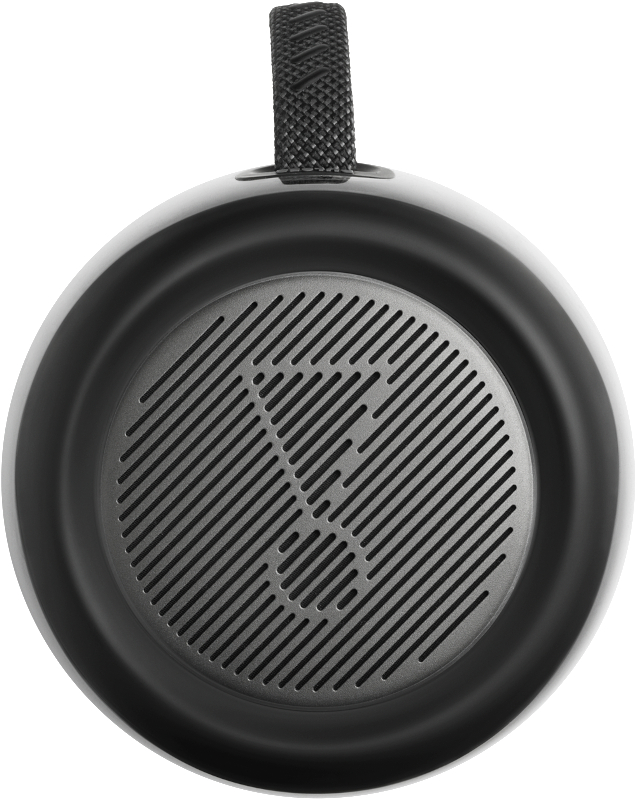 Ein schwarzer Lautsprecher mit Griff oben und einem Mesh-Grill auf der Vorderseite.