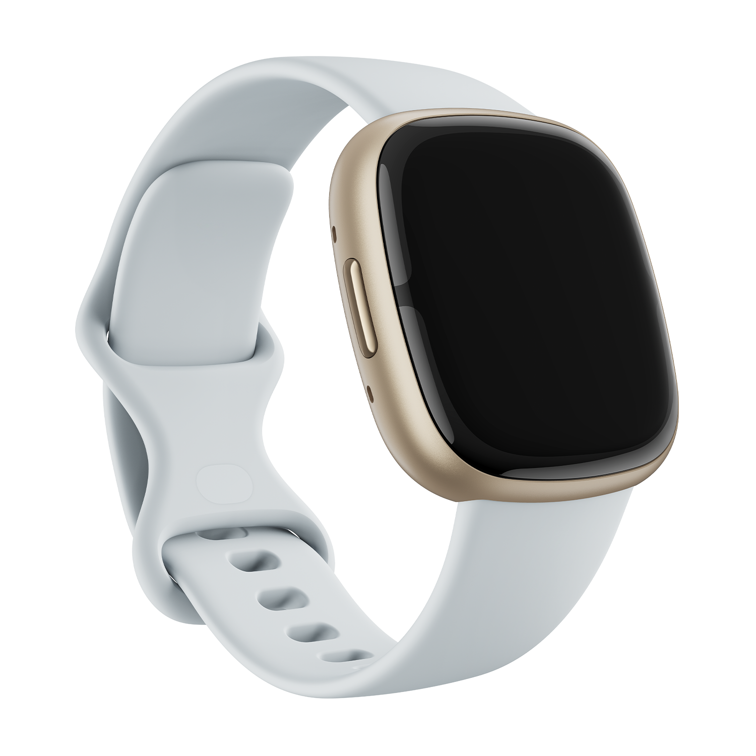 Een witte en gouden smartwatch met zwart scherm en lichtblauwe band, geïsoleerd op zwarte achtergrond.