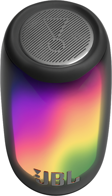 Ein schwarzer JBL-Lautsprecher. Er hat einen farbenfrohen Gradienteneffekt auf der unteren Hälfte.