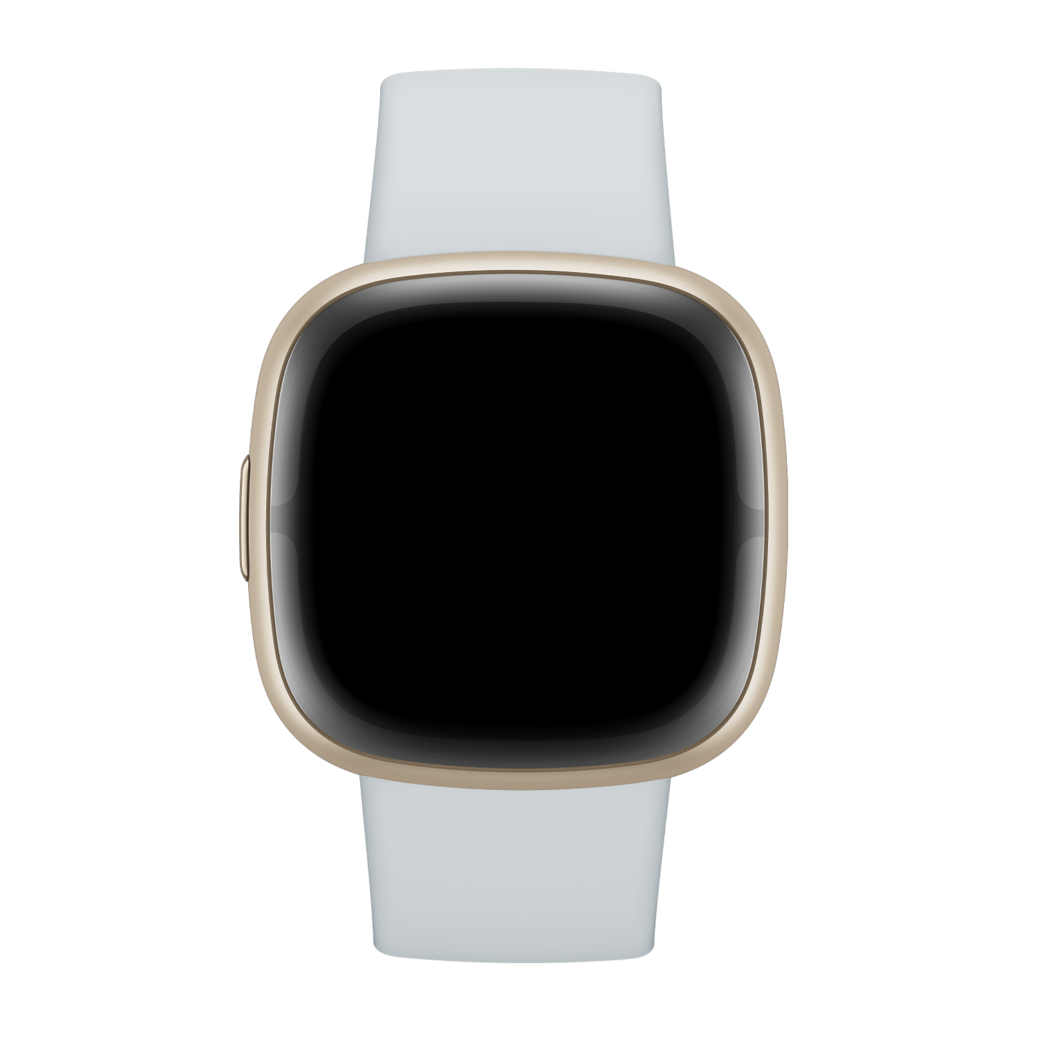 Bovenaanzicht van een gouden smartwatch met een zwart scherm.