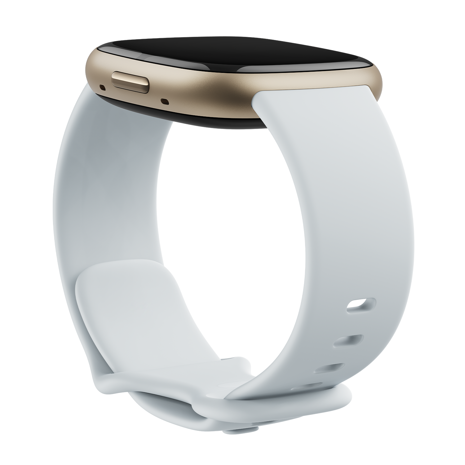 Witte en gouden smartwatch met een witte band op een zwarte achtergrond.