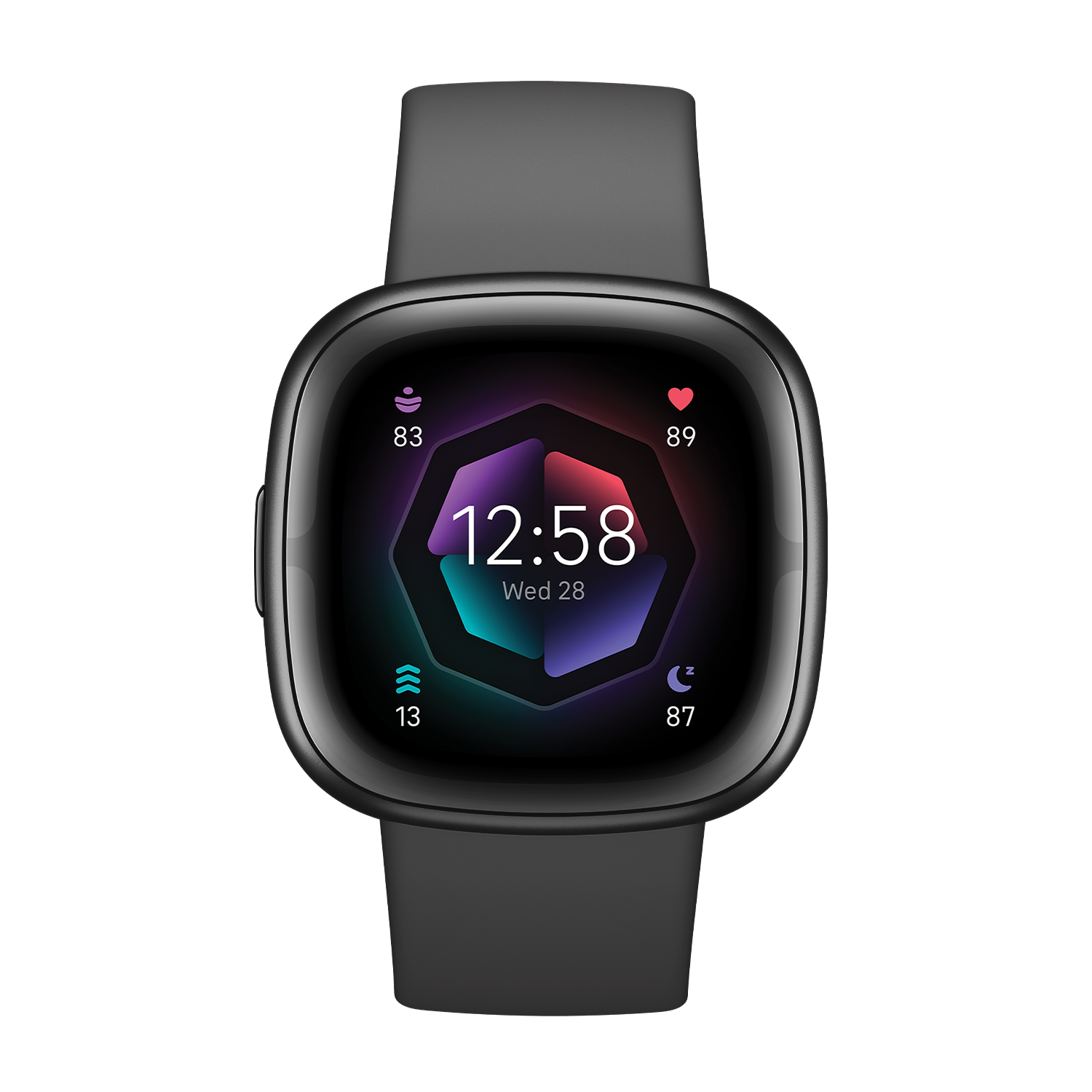 Een zwarte smartwatch toont tijd, hartslag en andere gezondheidsgegevens op een zwarte achtergrond.