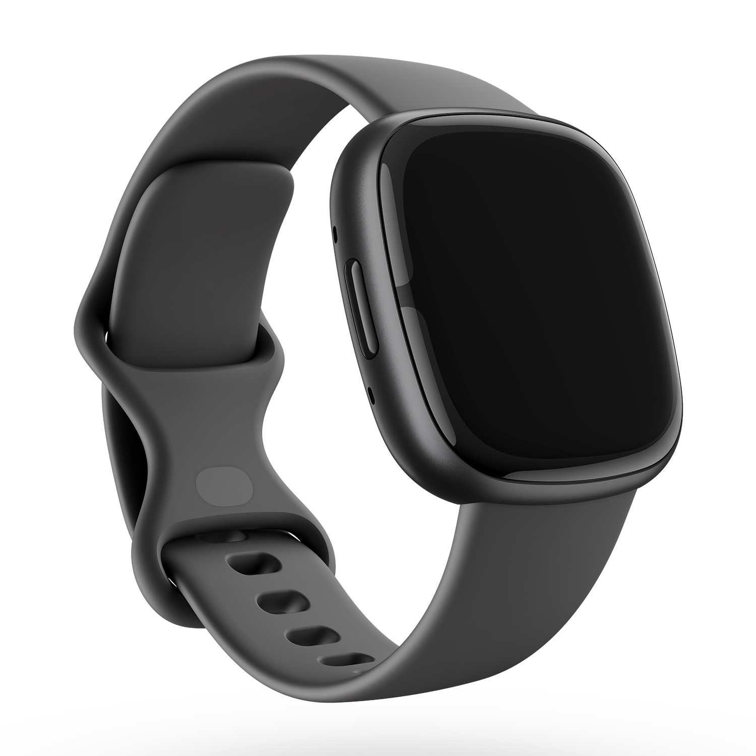 Een zwarte smartwatch met een gebogen scherm en een zwarte band, geïsoleerd op een zwarte achtergrond.