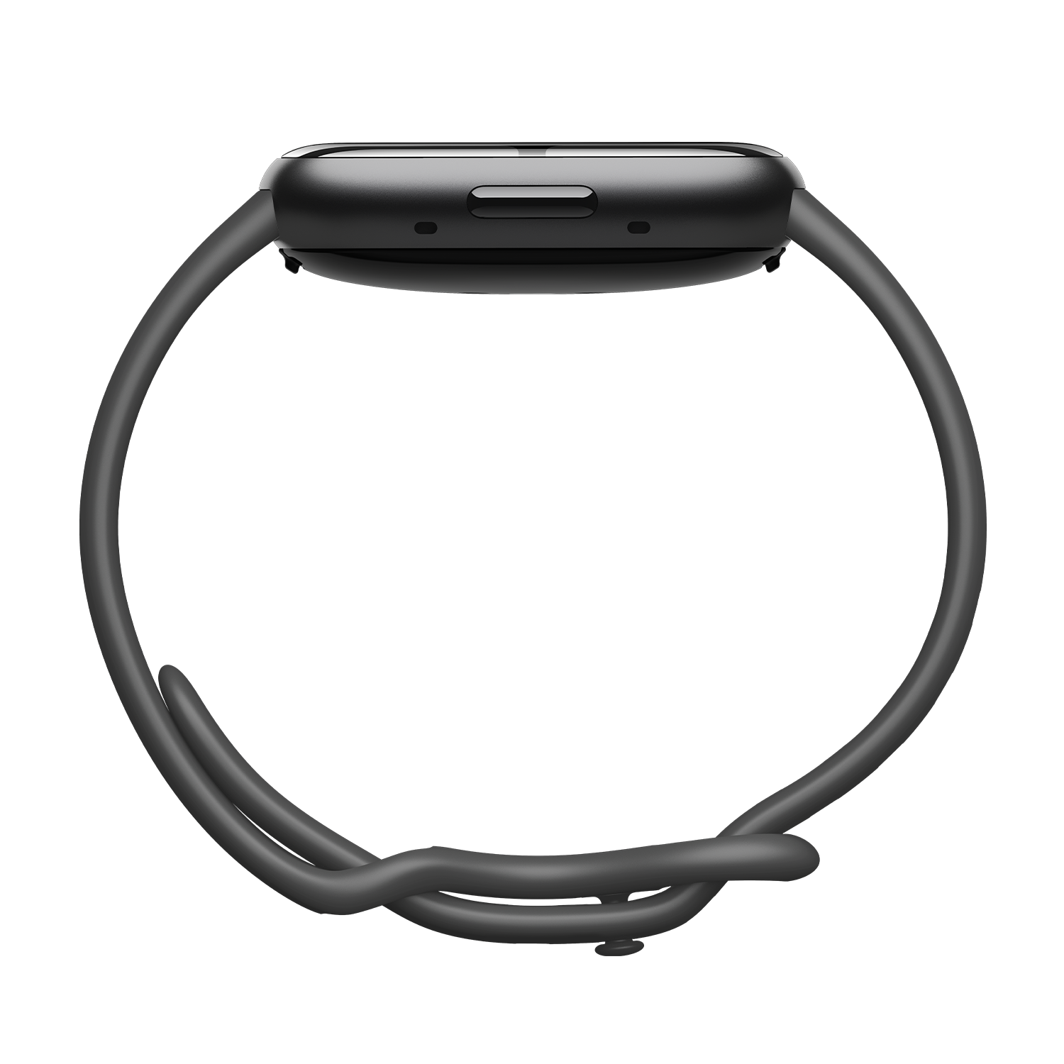 Zwarte smartwatch met een zwarte band, zijaanzicht op een zwarte achtergrond.