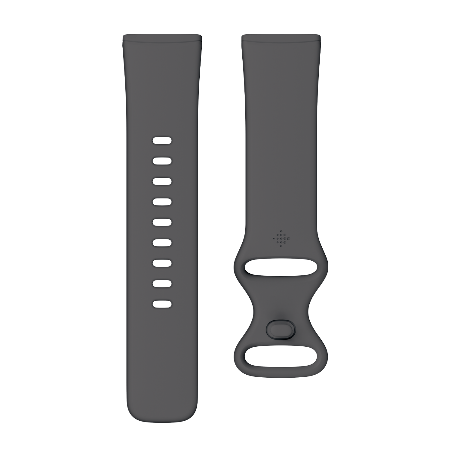 Twee donkergrijze Fitbit horlogebandjes, één met gaten, één met een sluiting.