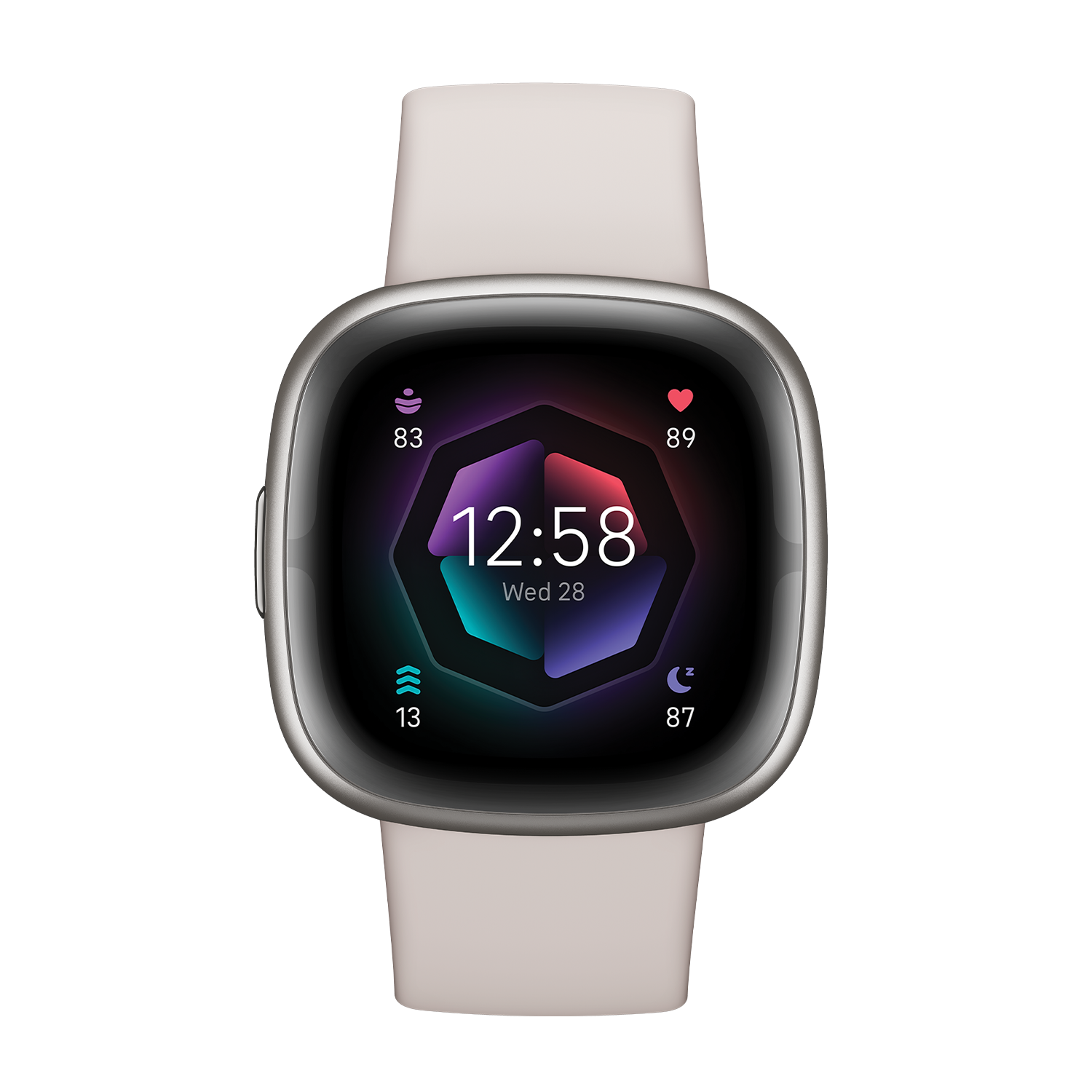 A smartwatch with a light pink band, displaying time, heart rate, and other health metrics.