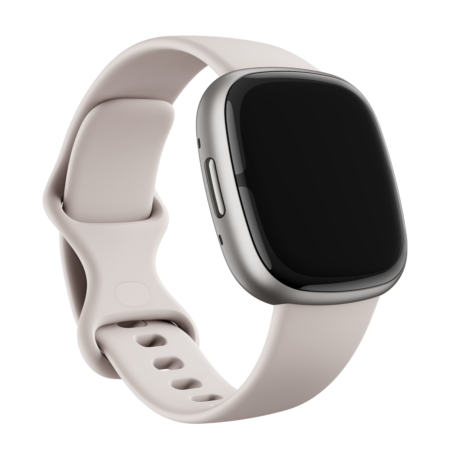 A light pink smartwatch with a black screen and a curved design, on a black background.