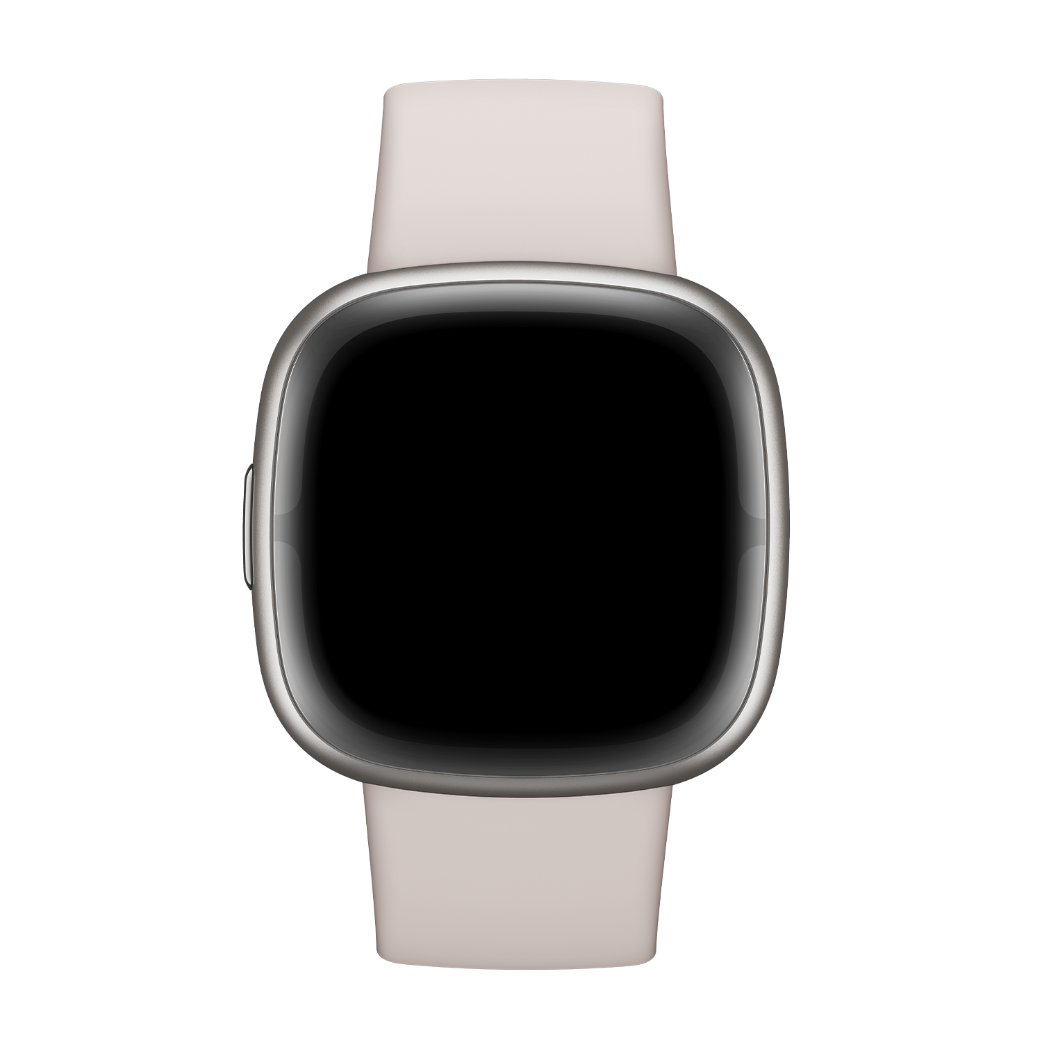 A Fitbit Versa 4 smartwatch, silver case, light pink strap, black screen.