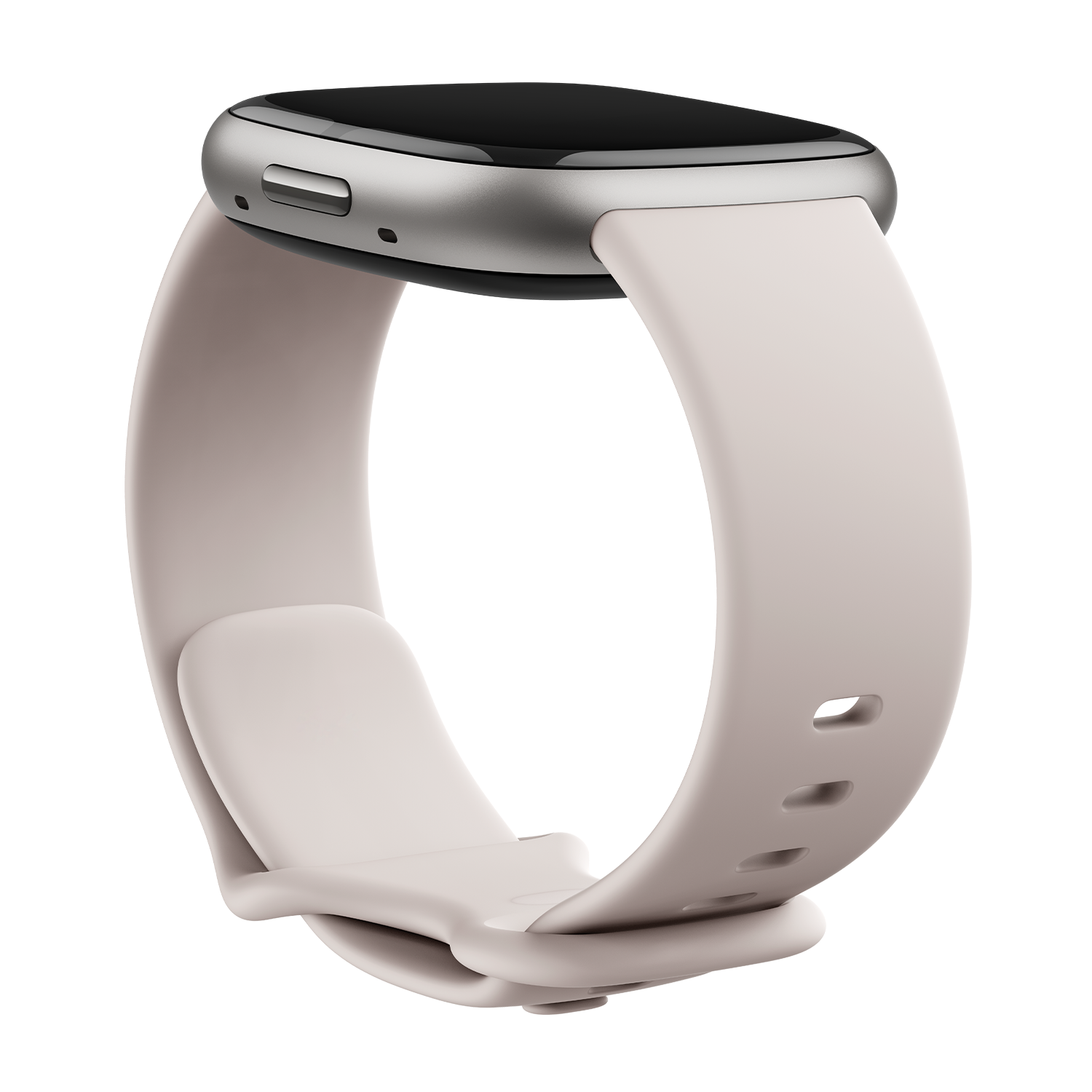 Close-up of a smartwatch with a gray metal case and light pink band. The band has holes for adjustment.
