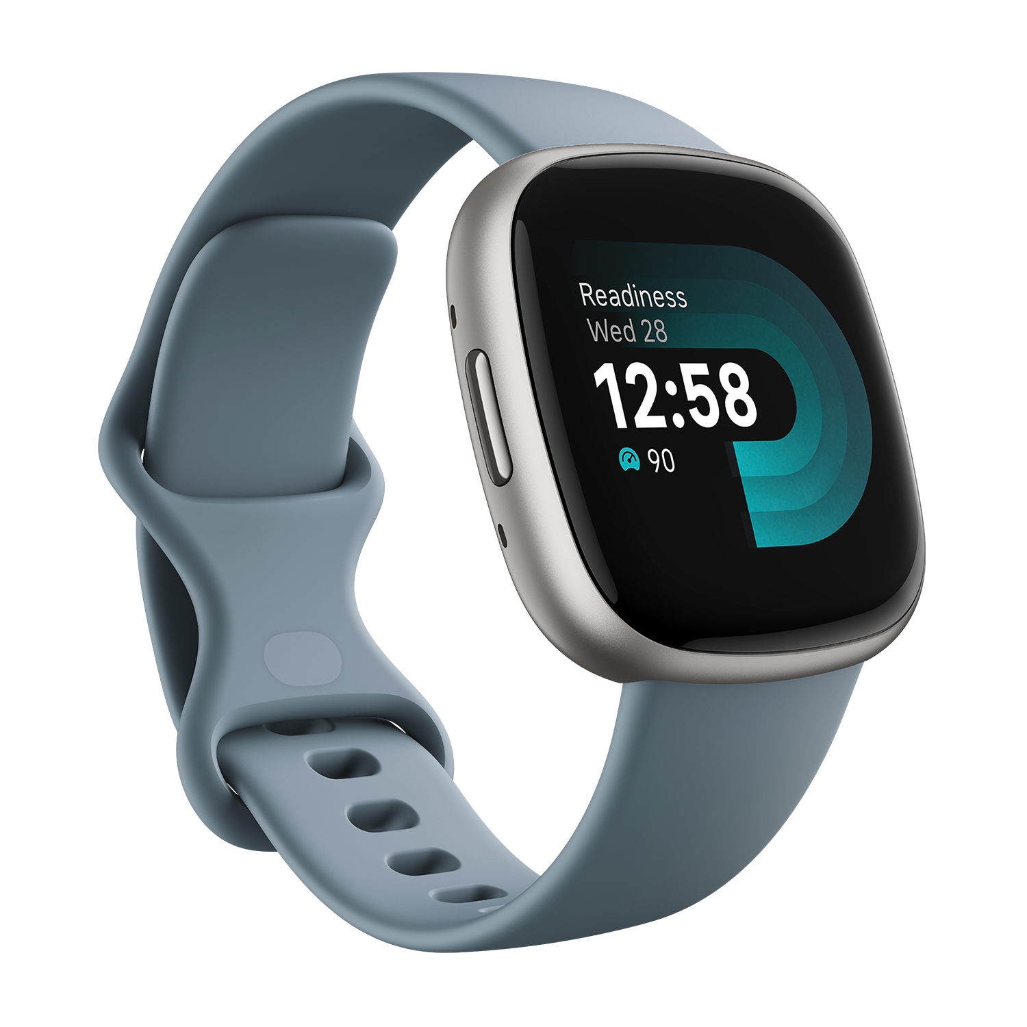 A blue smartwatch with a gray bezel and blue band, the screen displays time and readiness.