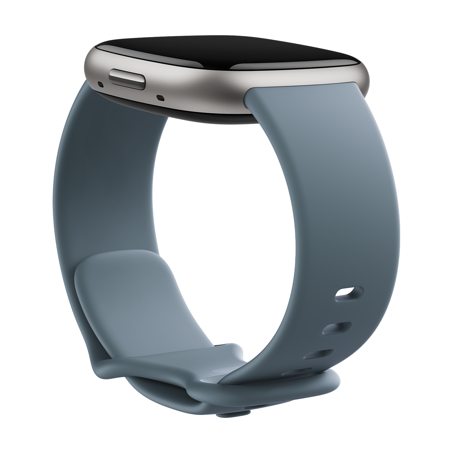Fitbit Versa 4 smartwatch. The band is blue, the screen is black.