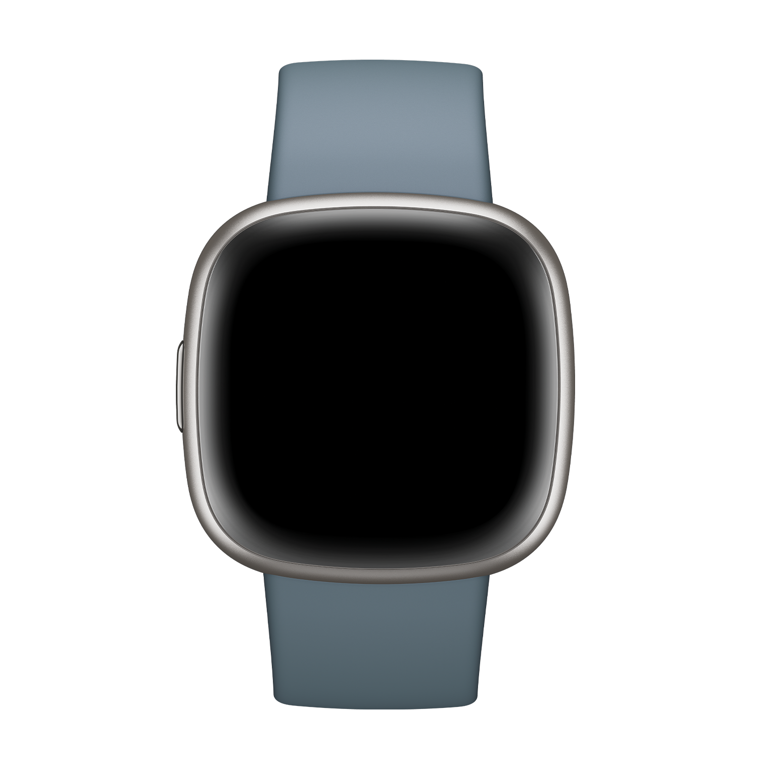 A blue smartwatch with a silver frame and a black screen against a black background.